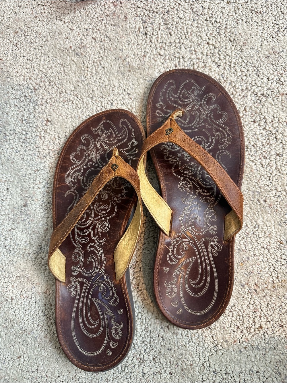 OluKai Brown and Gold Embroidered Leather Flip Flops